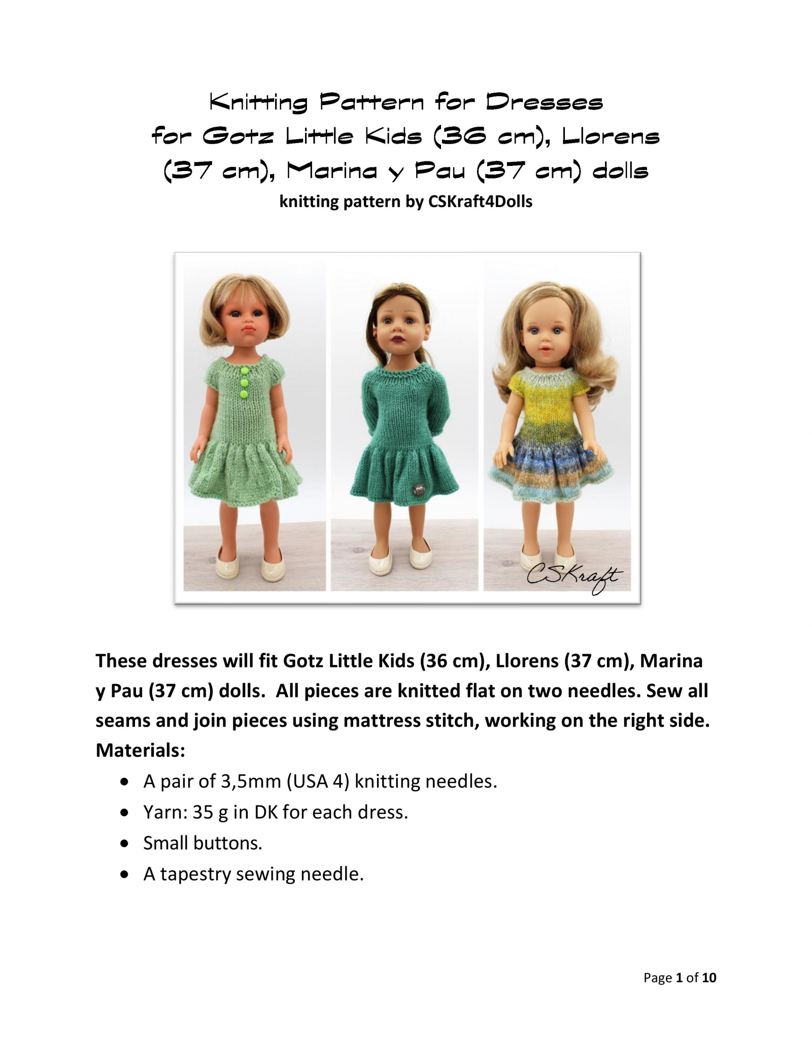 Knitting Pattern for Dresses for Gotz Little Kids (36 cm), Llorens (37 |  CSKraft4dolls