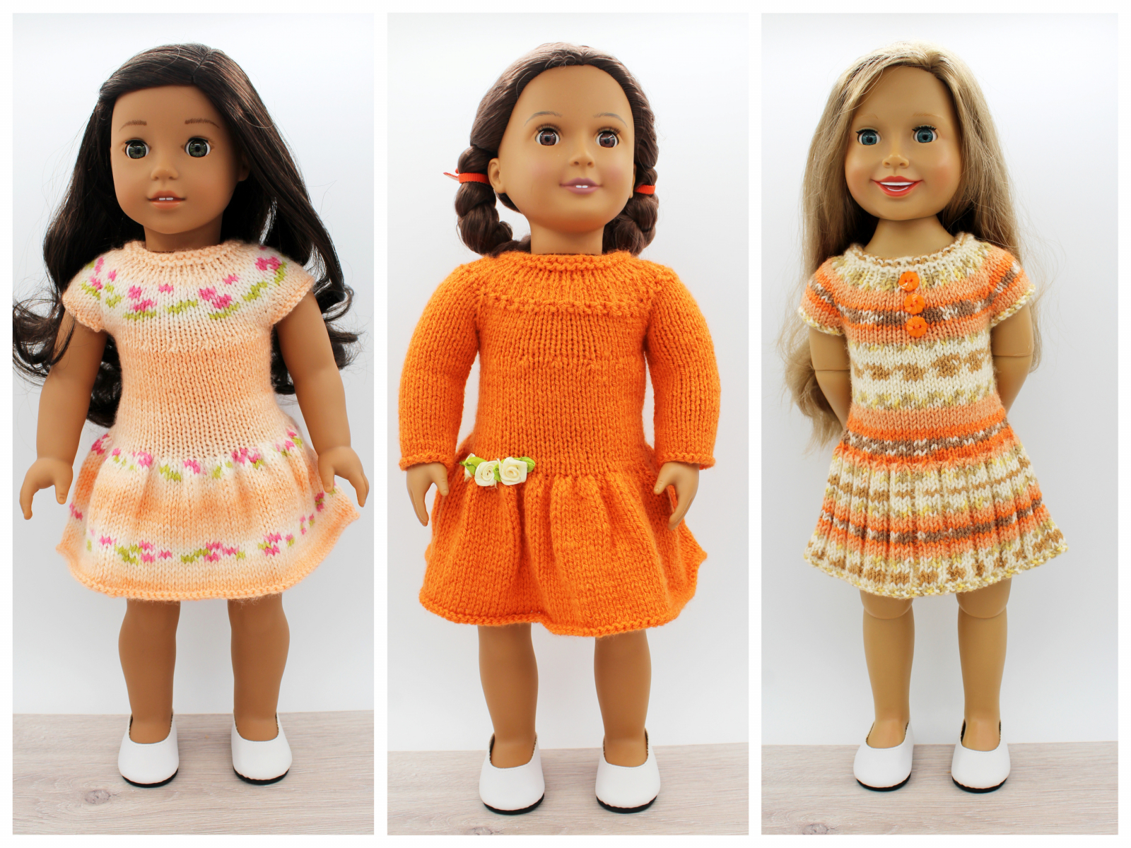 Knitting Pattern for Three Dresses for 18-inch dolls like American Girl,  Our Generation, Maplelea Girl and other similar dolls.